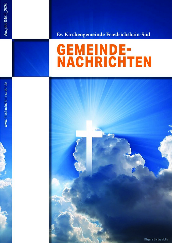Deckblatt der Gemeindenachrichten April-Mai 2026, mit Kreuz vor blauem Himmel mit Wolken