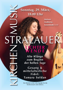 Flyer für die Stralauerkirchenmusik am 29.3.2026: Lichterwende – Alte Klänge zum Beginn der hellen Tage, mit Tamara Soldan (Fidel)