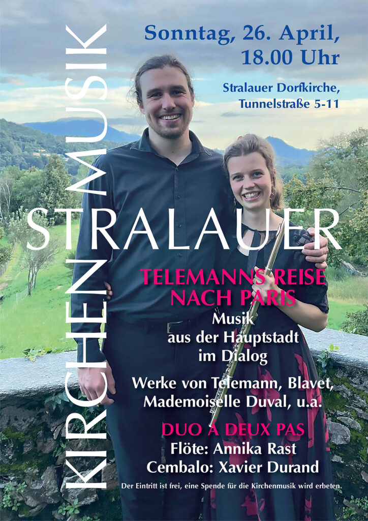 Flyer für die Stralauer Kirchenmusik am 26.4.2026: Telemanns Reise nach Paris mit dem Duo "A deux pas".
